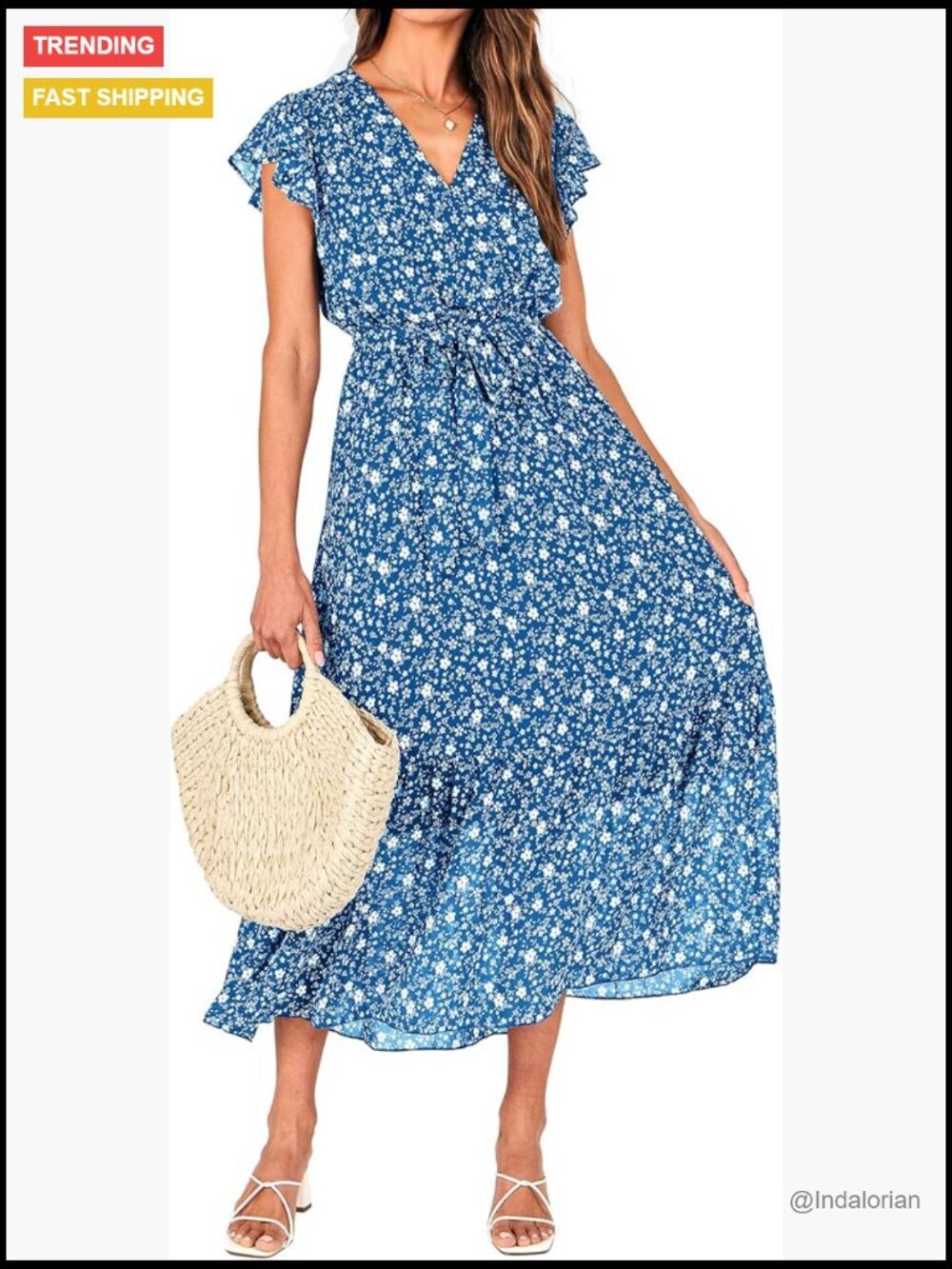 Bohemian Wrap V Neck Ruffle Cap Sleeveless A-Line Pleated Midi Sun Dress